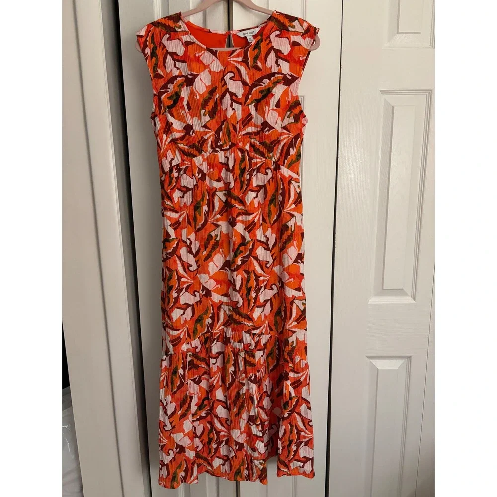 Nine West Tropical Print Sleeveless Maxi Dress Tiered Ruffle Size Medium - Picture 4 of 9